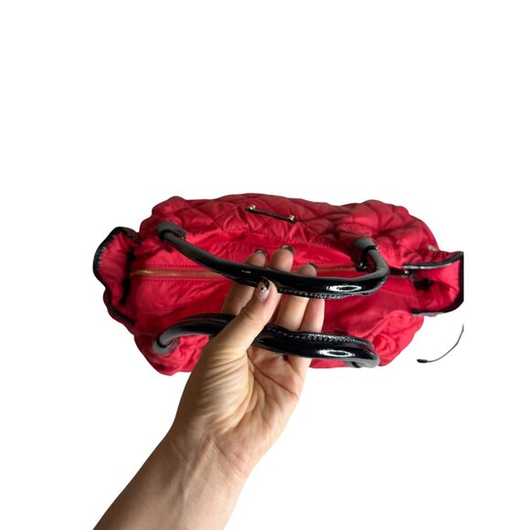 Kate Spade Quilted Nylon Red Tote Bag With Black Patent Handles & Zipper Closure - Picture 6 of 9